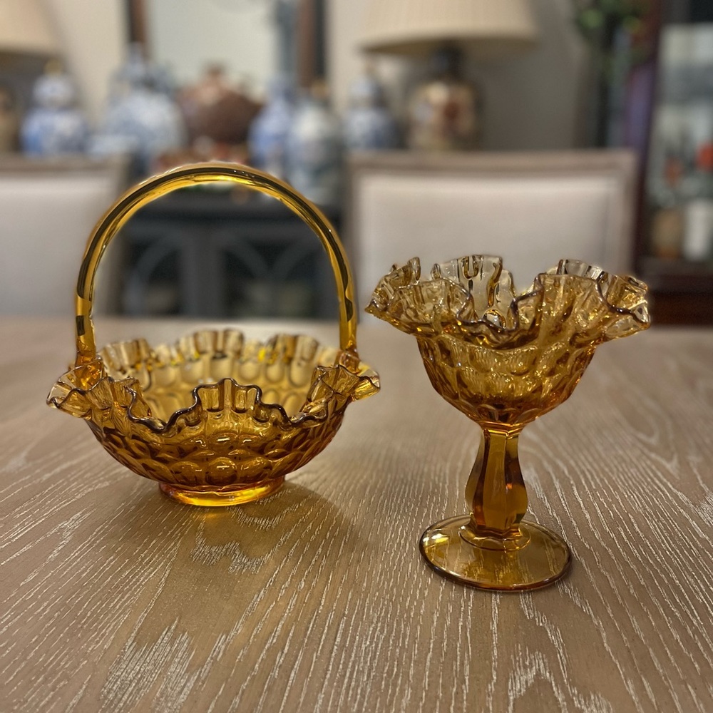 Mid Century Set of 2 Fenton Thumbprint Design w/Ruffled Top Amber Basket & dish
